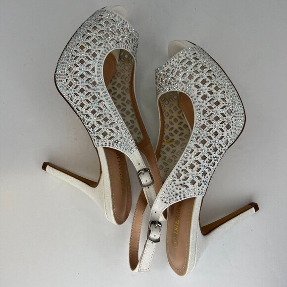Dream Paris Women White Peep Toe Strap Rhinestone Size 9.5 Slingback Stilettos - Picture 8 of 11